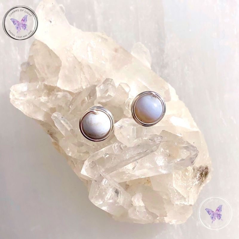 Blue Lace Agate Silver Wire Wrap Stud Earrings